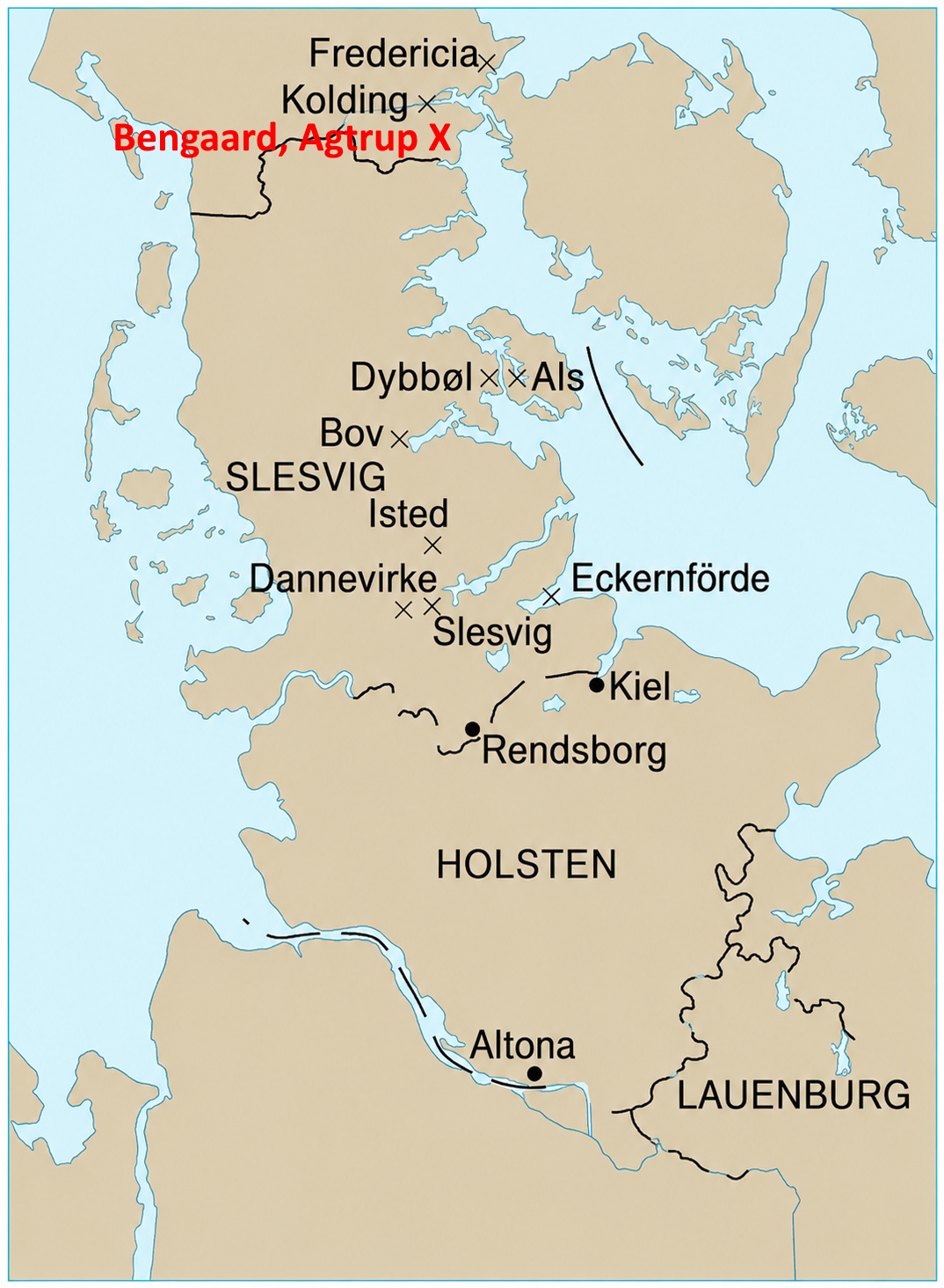 Kort over Slesvig og Holsten med Agtrup, Kolding, Fredericia, Als, Bov, Isted, Dannevirke, Slesvig, Rendsborg og Kiel